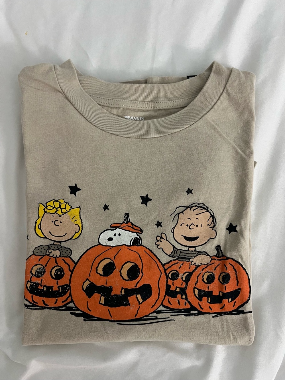 Peanuts Halloween Tee - Beige with Orange and Black Pumpkin Art